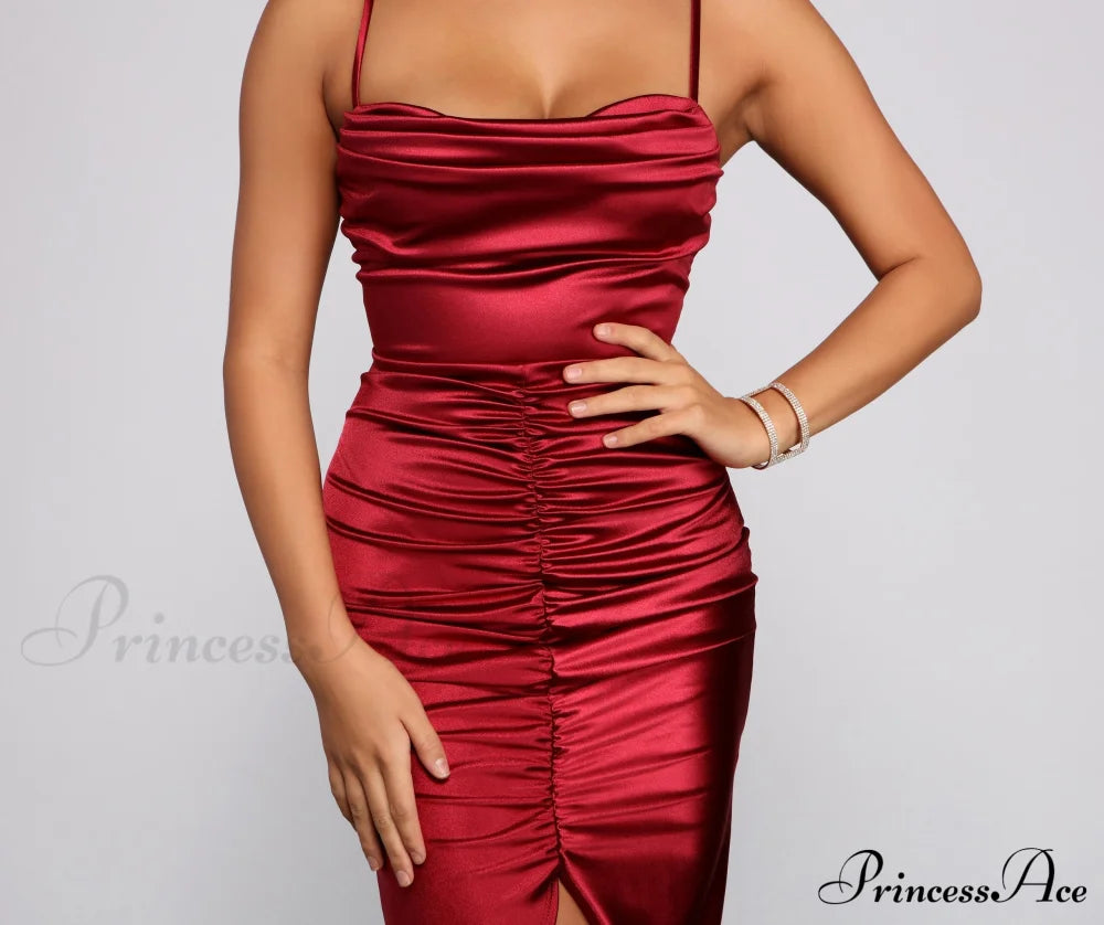 Festive Mood Satin Charming Ruched Midi Dress S.o. Short Dresses