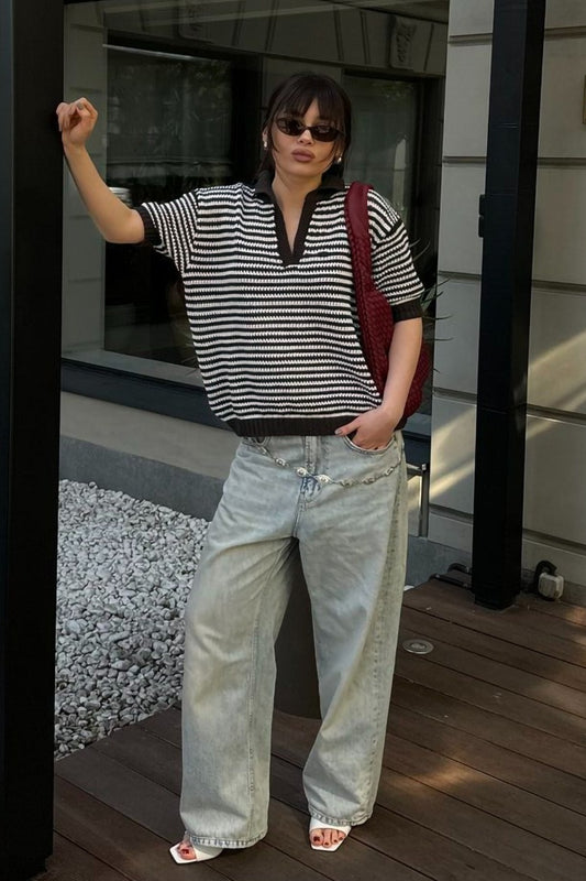 Striped Open Collar Short Sleeve Knit Sweater