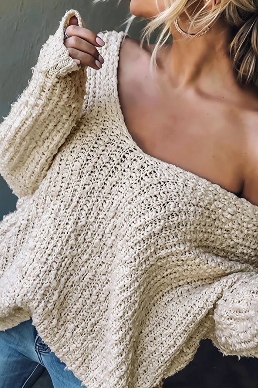 Open Knit Deep V Neck Sweater