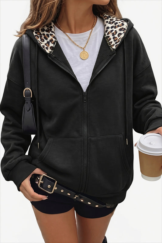Leopard Lined Oversized Zip Hoodie