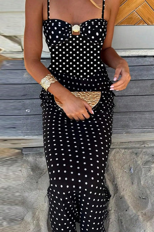 Robe longue dos nu en dentelle à pois