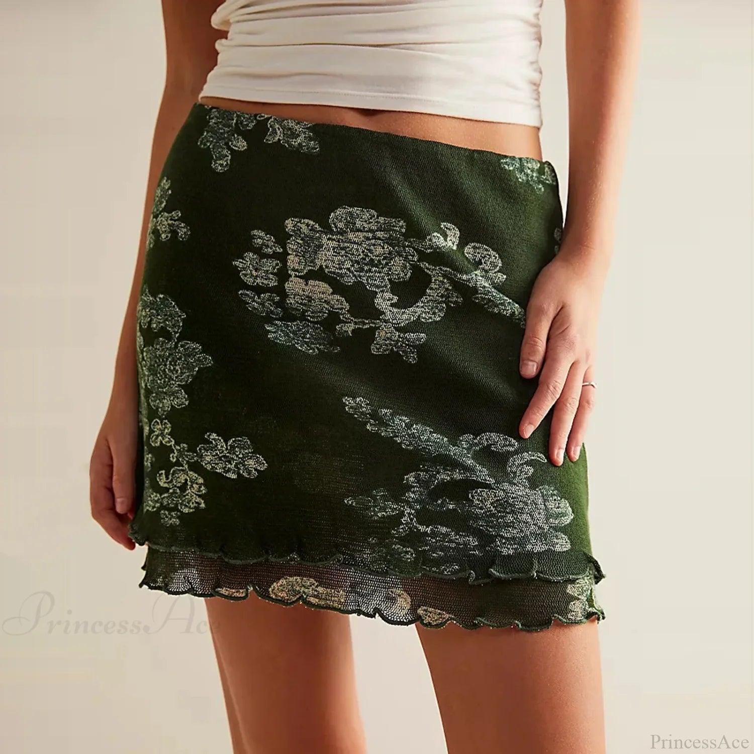 Fine Mesh Flower Print Skirt green / S skirts-250223