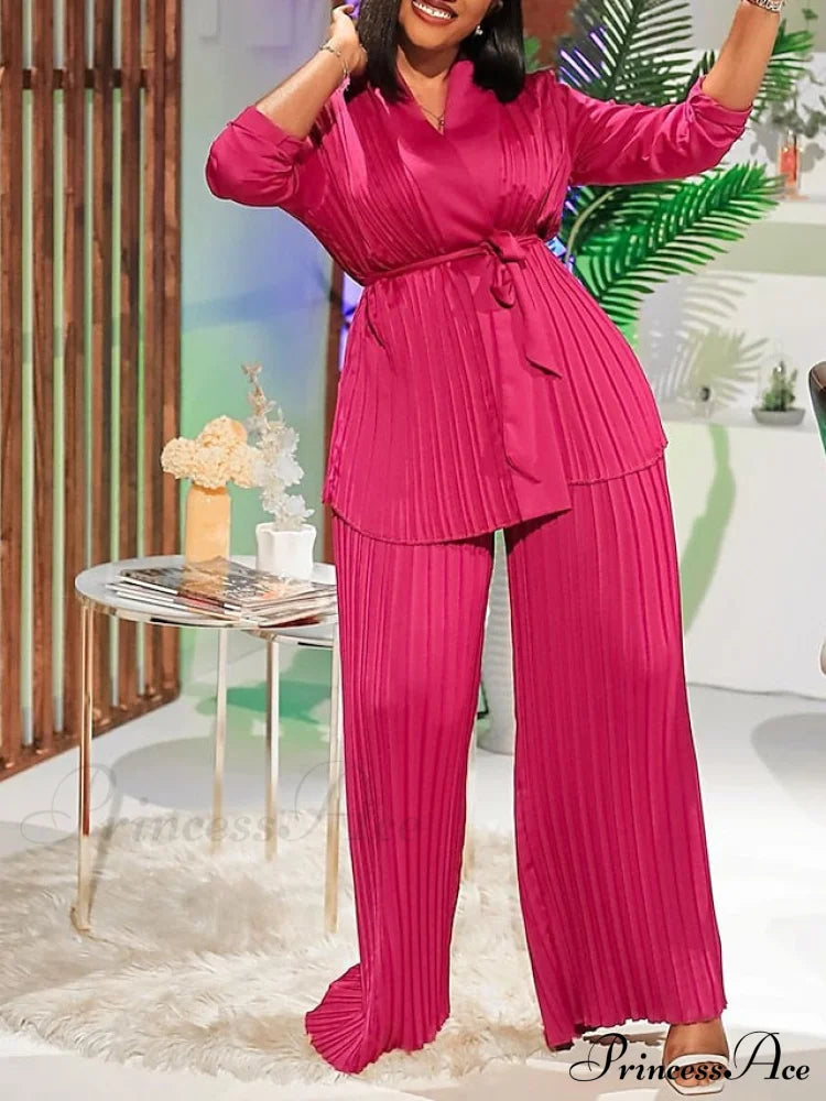 Fit Fuchsia - Pants Sets Casual Spring V White Color Daily & Fashion Solid Long Blouse Red Neck