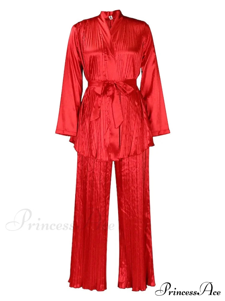 Fit Fuchsia - Pants Sets Casual Spring V White Color Daily & Fashion Solid Long Blouse Red Neck