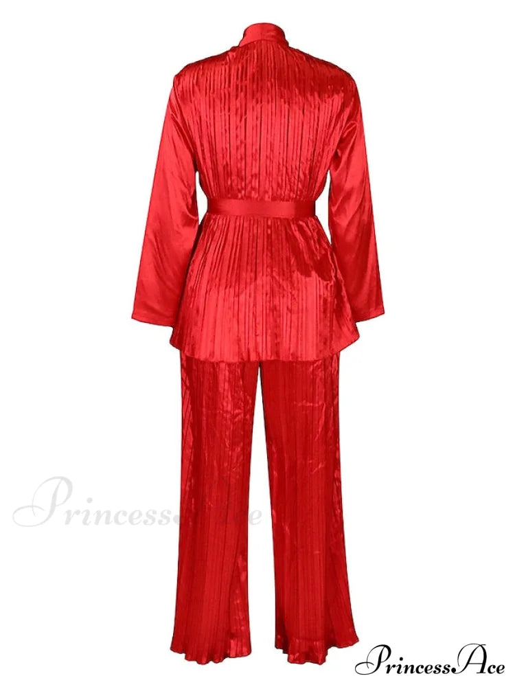 Fit Fuchsia - Pants Sets Casual Spring V White Color Daily & Fashion Solid Long Blouse Red Neck