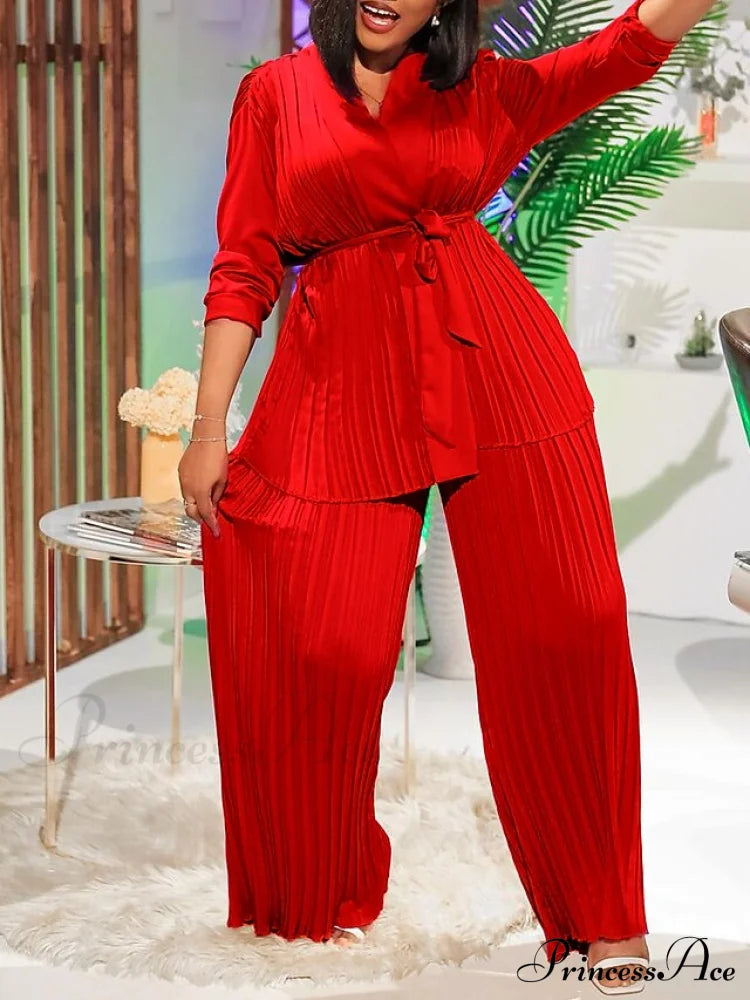 Fit Fuchsia - Pants Sets Casual Spring V White Color Daily & Fashion Solid Long Blouse Red Neck