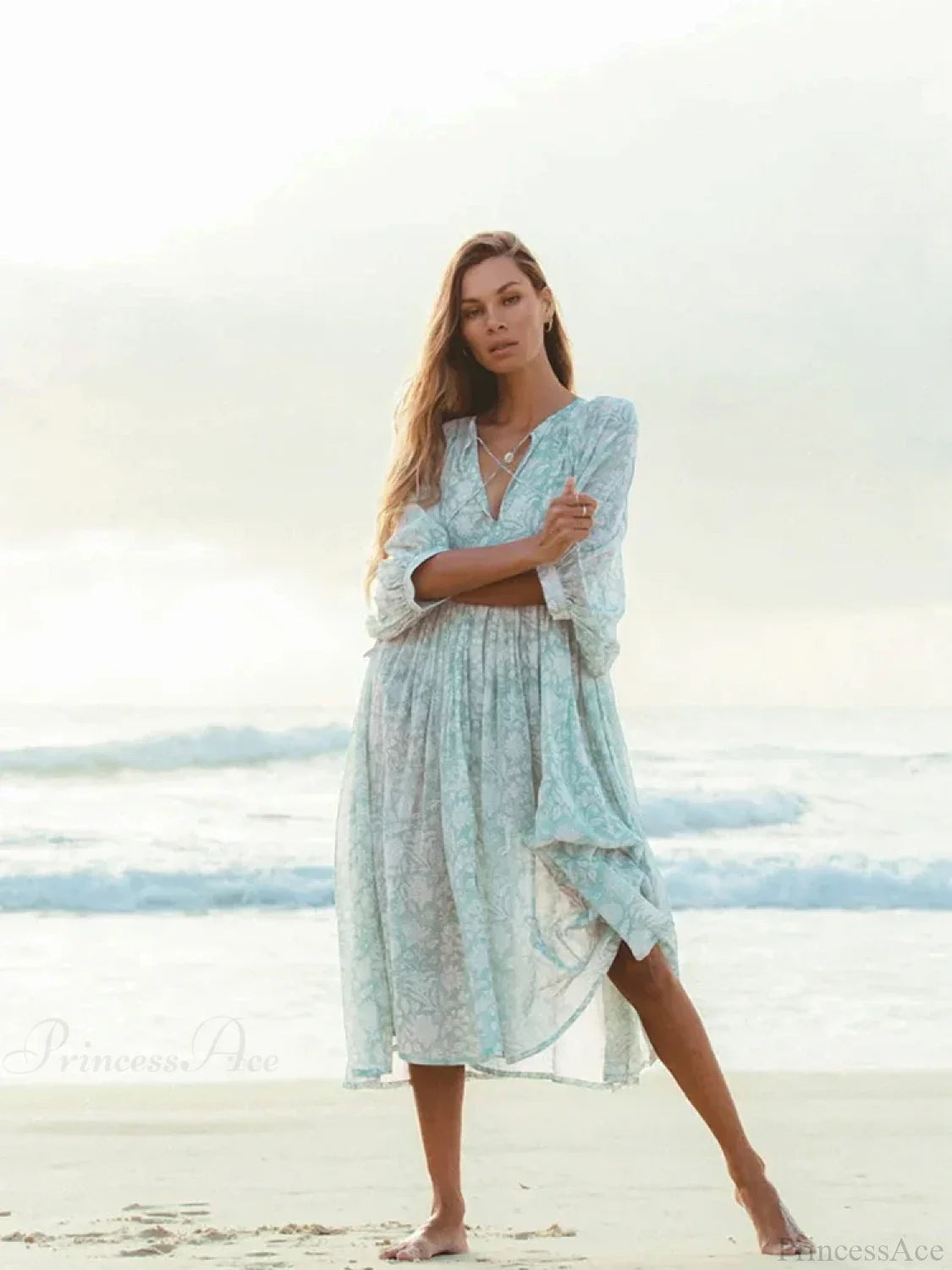 Fitshinling Boho Vintage Lantern Sleeve Dress Light Green / S bohodress-250126