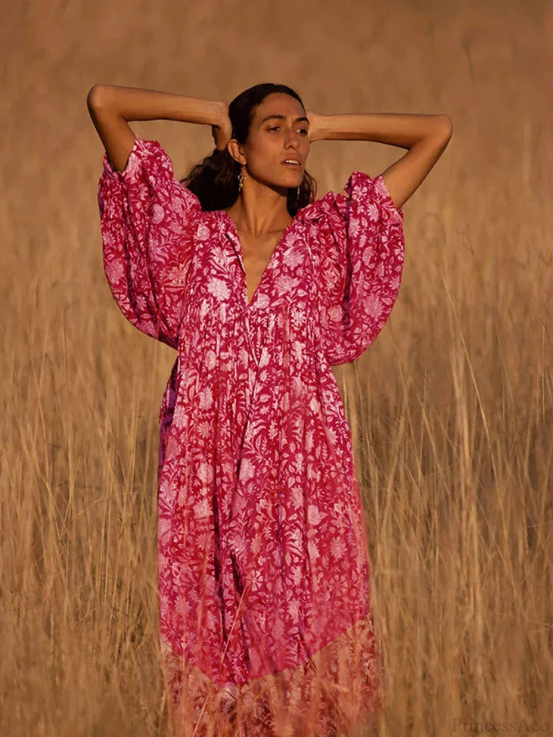 Fitshinling Boho Vintage Lantern Sleeve Dress Red / S bohodress-250126