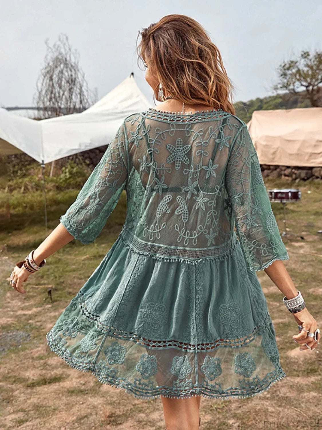 Fitshinling V-neck Sheer Lace Boho Cover-up Green / One Size bohodress-250126