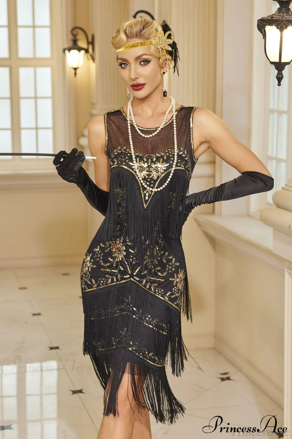 Flapper Tassel Beaded Crew Neck Party Dress Black / S