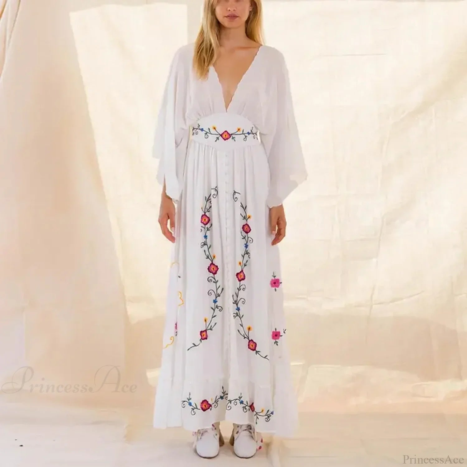 Flare Long Sleeve Deep V-neck Cotton Dress bohodress-250126