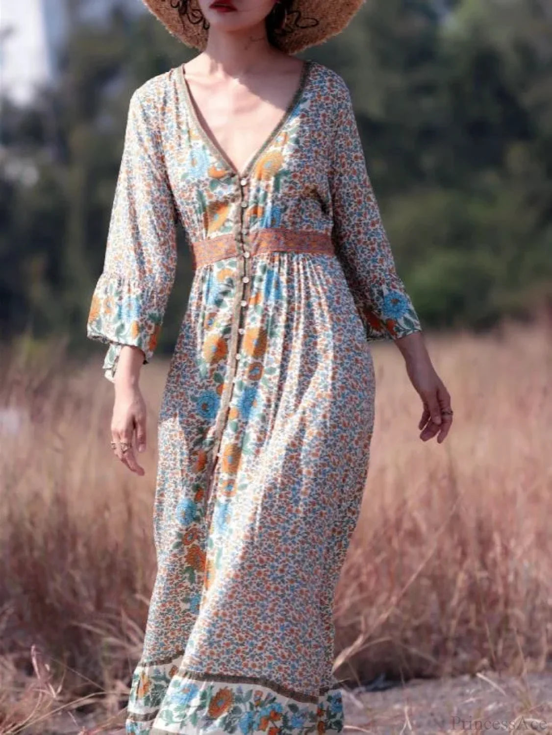 Flare Sleeve Button Down Printing Chic Boho Dress bohodress-250126