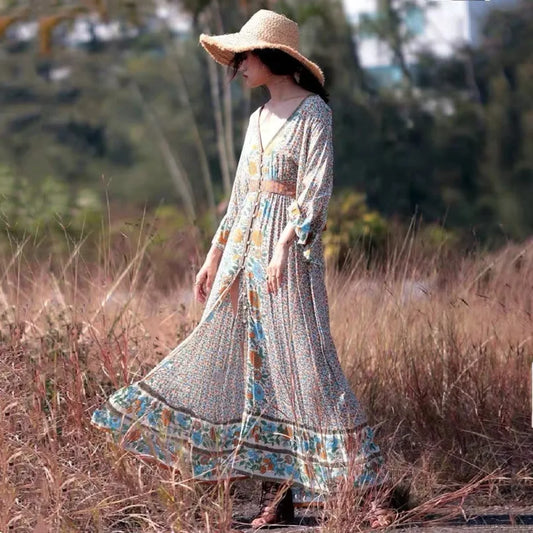 Flare Sleeve Button Down Printing Chic Boho Dress bohodress-250126