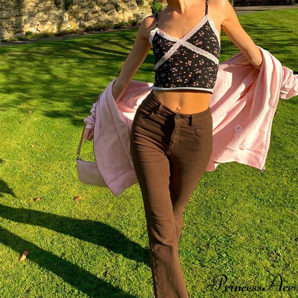 Flared High Black Jeans And In Waist Brown For Khaki Women
