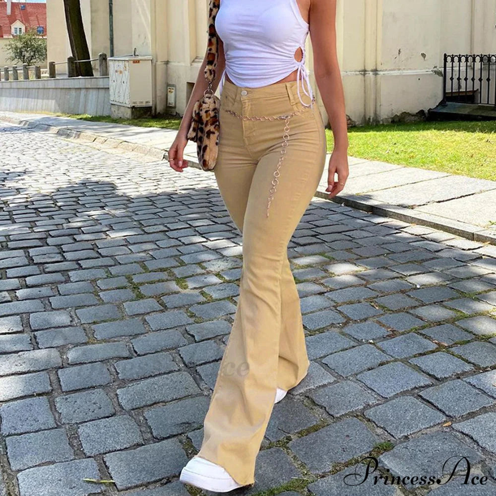 Flared High Black Jeans And In Waist Brown For Khaki Women