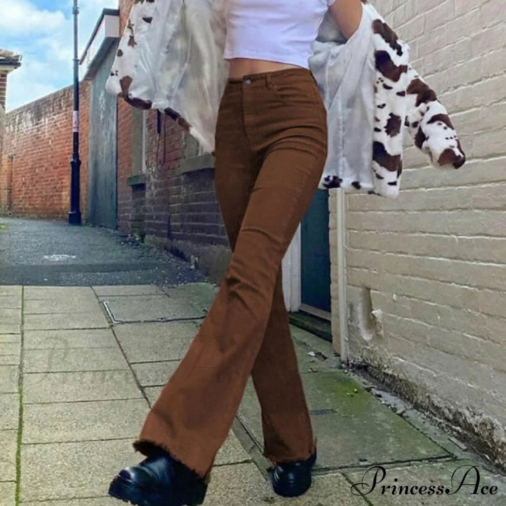 Flared High Black Jeans And In Waist Brown For Khaki Women Jeans / M