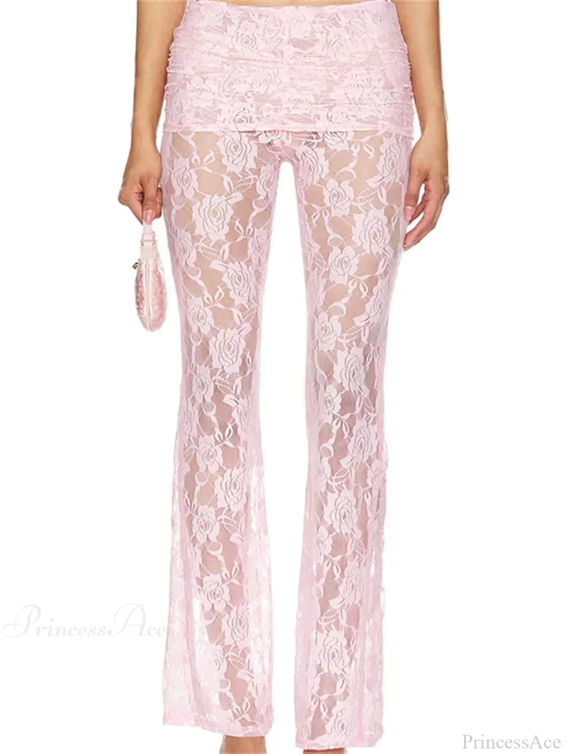 Flared Leg Lace See-Through Bootcut Fashion Pant PINK / S pant-250223