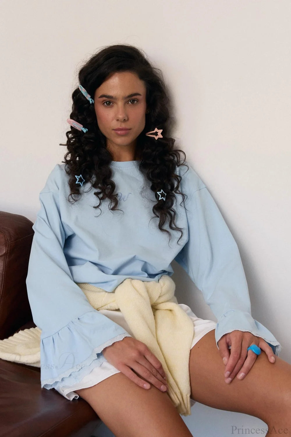 Flared Sleeve Lace Accent Crew Neck Alphabet Embroidered Long Sleeve Tee