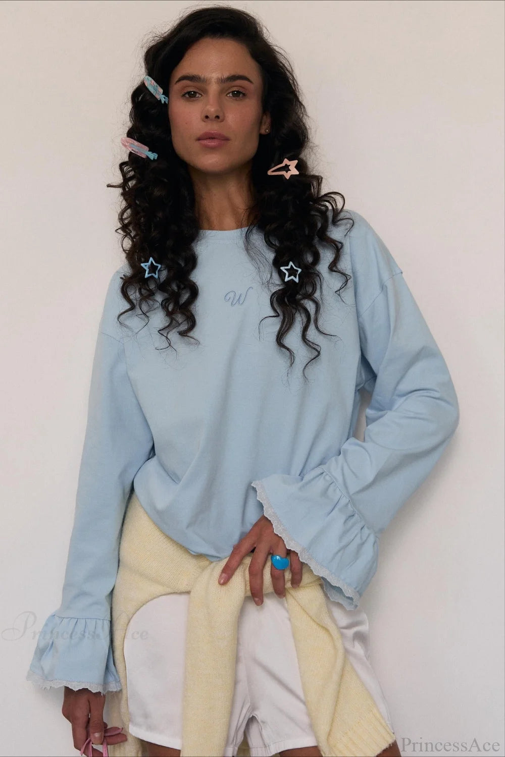 Flared Sleeve Lace Accent Crew Neck Alphabet Embroidered Long Sleeve Tee Blue / S