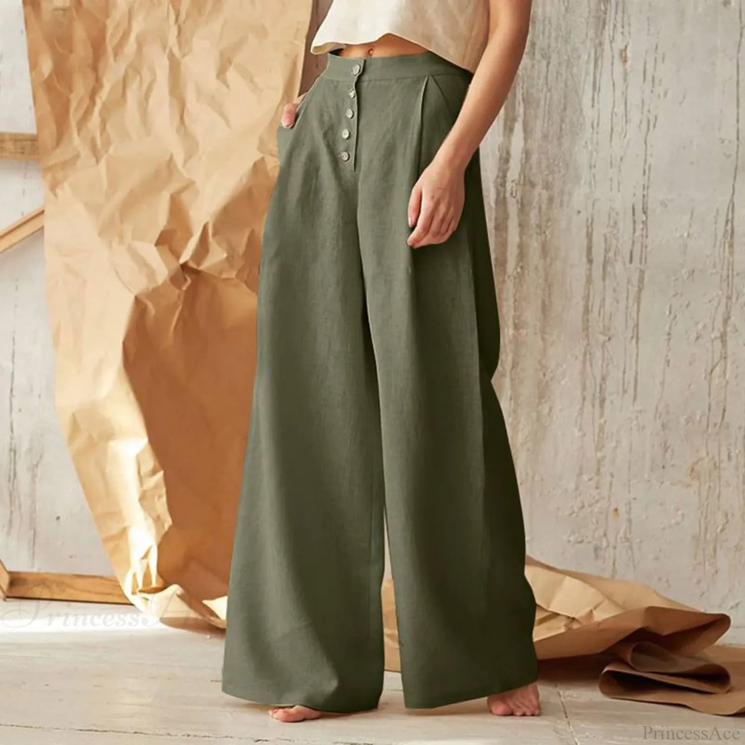 Flared Solid Color High Waist Cotton Linen Pant Army Green / M pant-250223