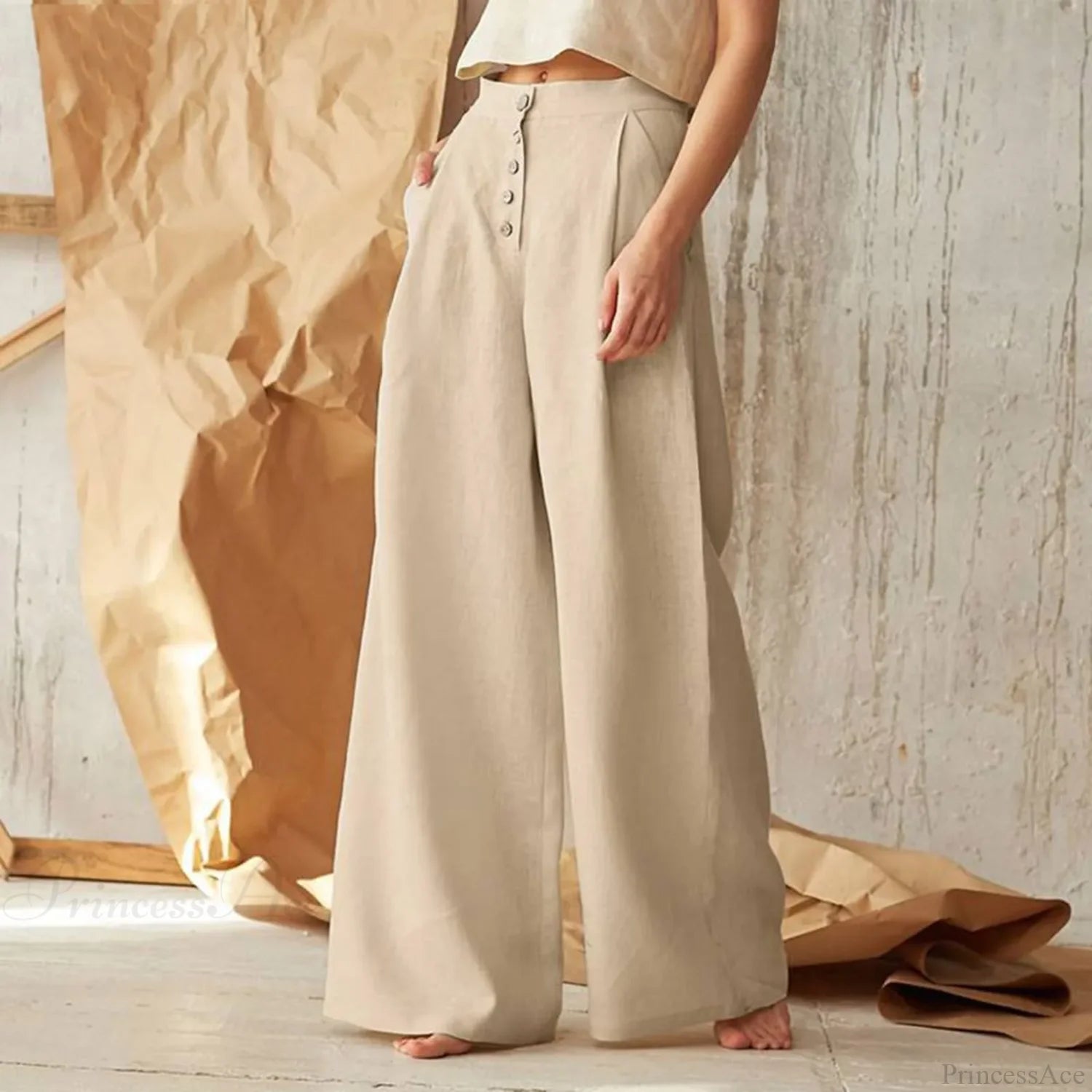 Flared Solid Color High Waist Cotton Linen Pant Khaki / M pant-250223