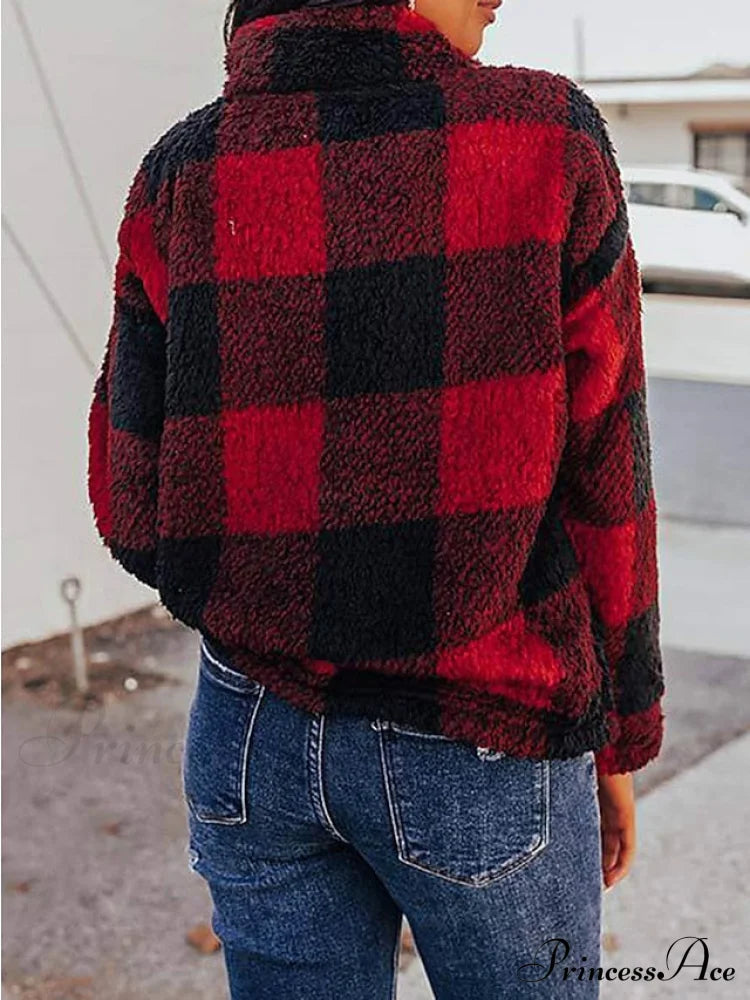 Fleece Arm Sweatshirt Women’s Khaki Long V Fuzzy Zip Plaid Teddy Neck Quarter Red Casual Top