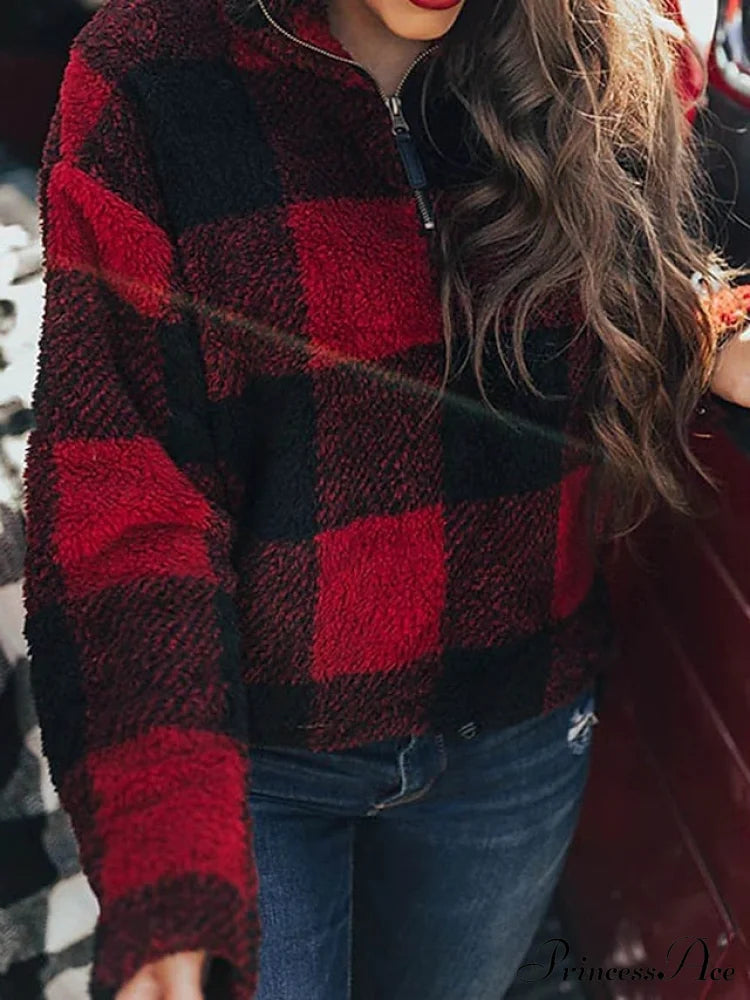 Fleece Arm Sweatshirt Women’s Khaki Long V Fuzzy Zip Plaid Teddy Neck Quarter Red Casual Top