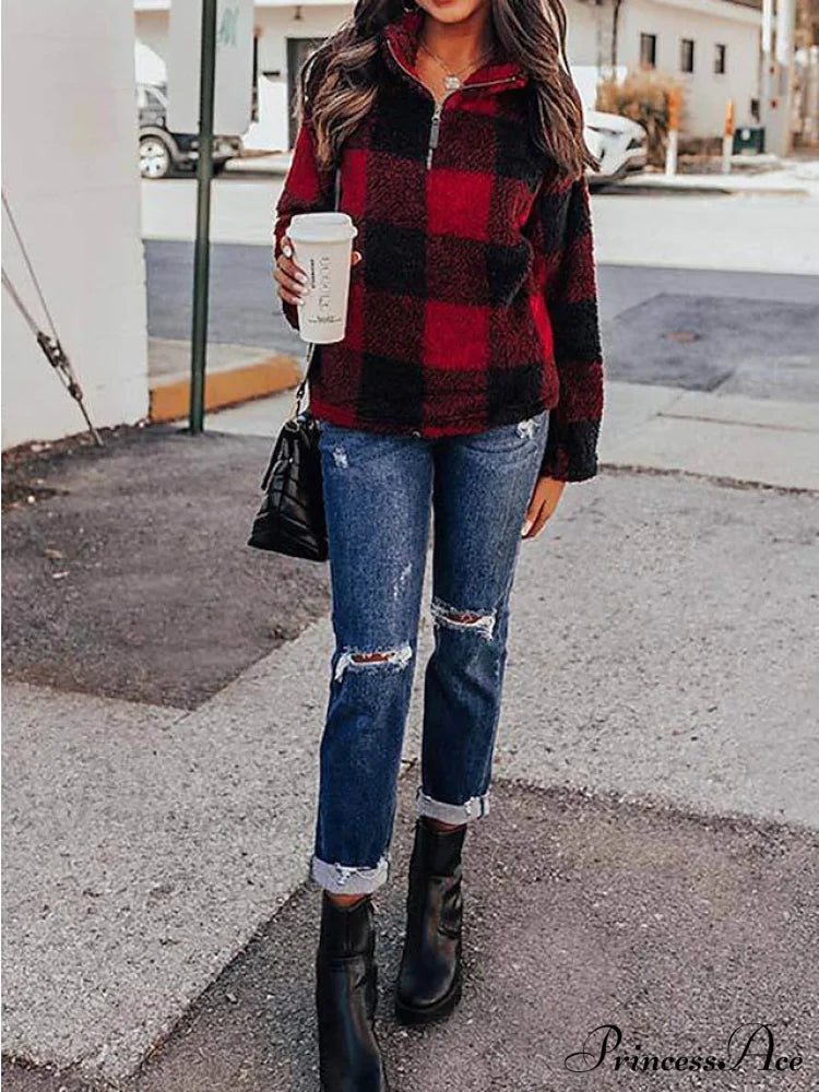 Fleece Arm Sweatshirt Women’s Khaki Long V Fuzzy Zip Plaid Teddy Neck Quarter Red Casual Top