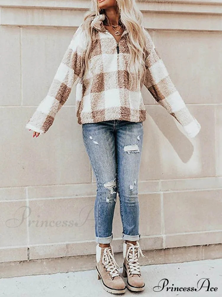 Fleece Arm Sweatshirt Women’s Khaki Long V Fuzzy Zip Plaid Teddy Neck Quarter Red Casual Top