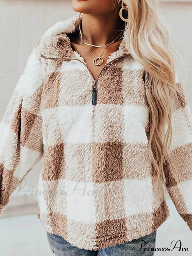 Fleece Arm Sweatshirt Women’s Khaki Long V Fuzzy Zip Plaid Teddy Neck Quarter Red Casual Top / S