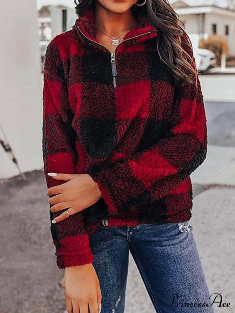 Fleece Arm Sweatshirt Women’s Khaki Long V Fuzzy Zip Plaid Teddy Neck Quarter Red Casual Top / S