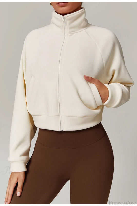 Fleece Athletic Stand Collar Zip Yoga Jacket Off-white / S