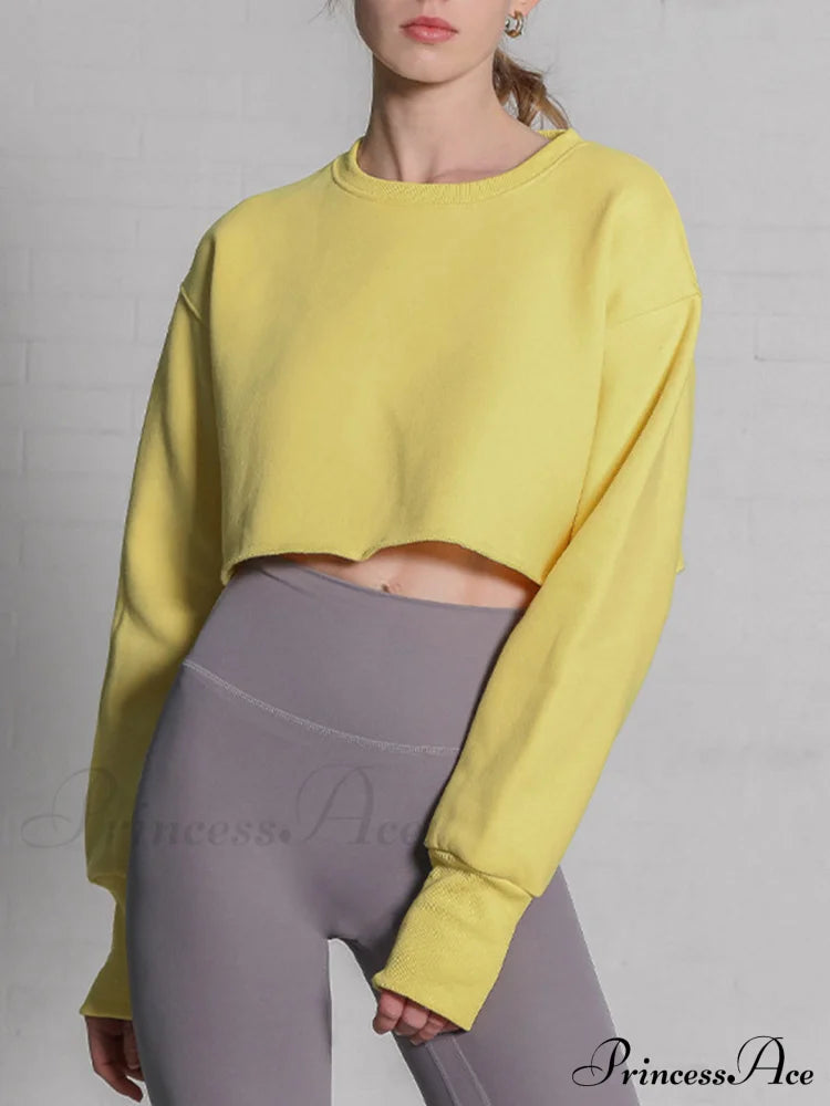 Fleece Lined Graceful Solid Cropped Sweatshirt Yellow / S Sweatshirts