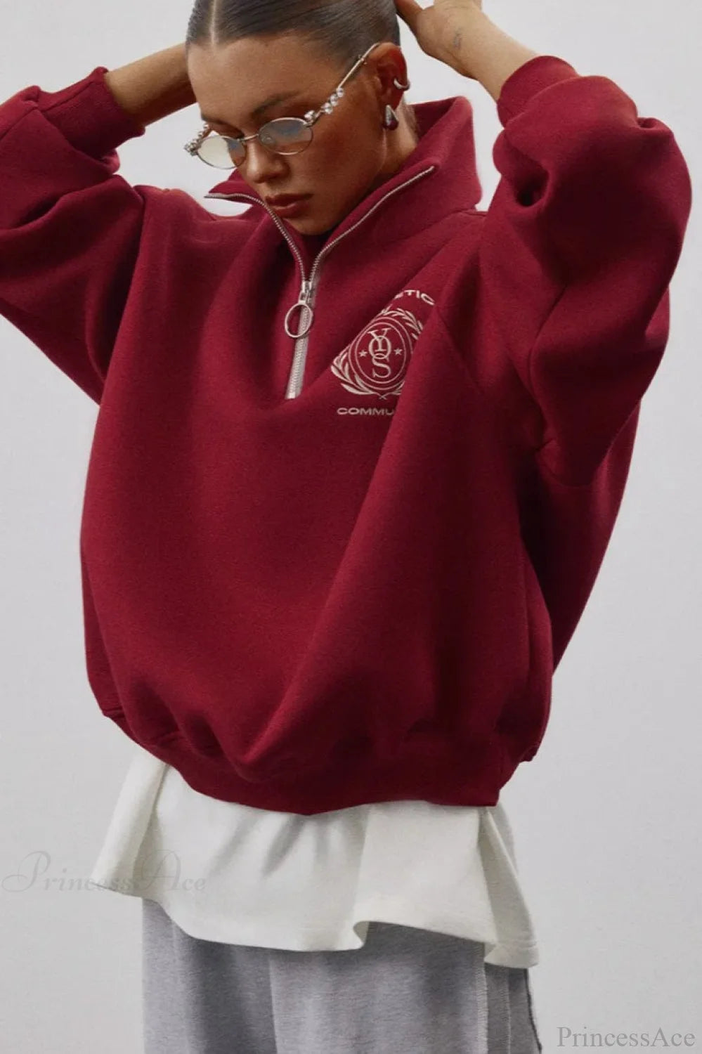 Fleece-Lined Letter Embroidery Stand Collar Half-Zip Sweatshirts Crimson / S