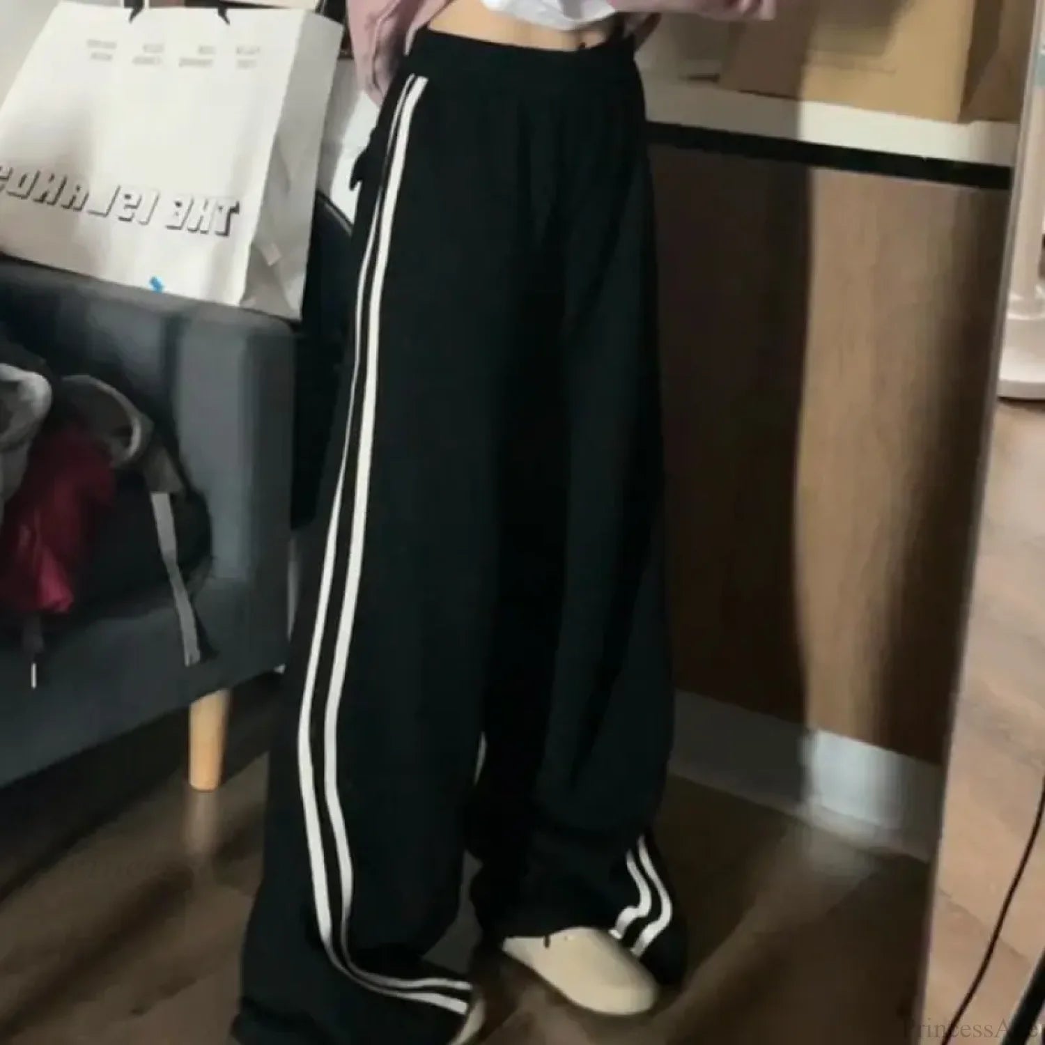 Fleece Striped Winter Sweatpants Pants Black / S