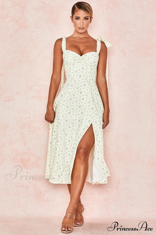 Fleur De Paris Charming Floral Split Midi Dress Yellow / S
