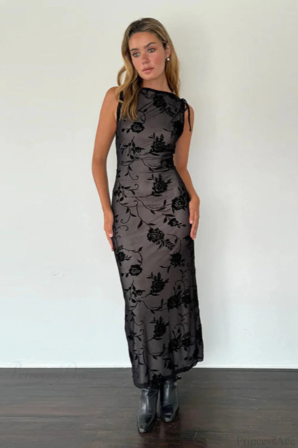 Flocked Mesh Sleeveless Bodycon Maxi Dress