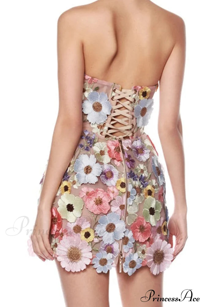 Floral 3D Embroidery Charming Tube Mini Dress