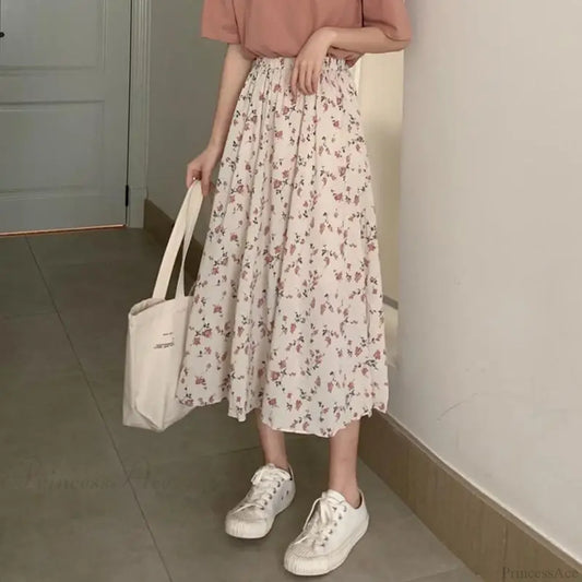 Floral A-Line Long Skirt Summer Sweet Style Women white / S skirt-250126