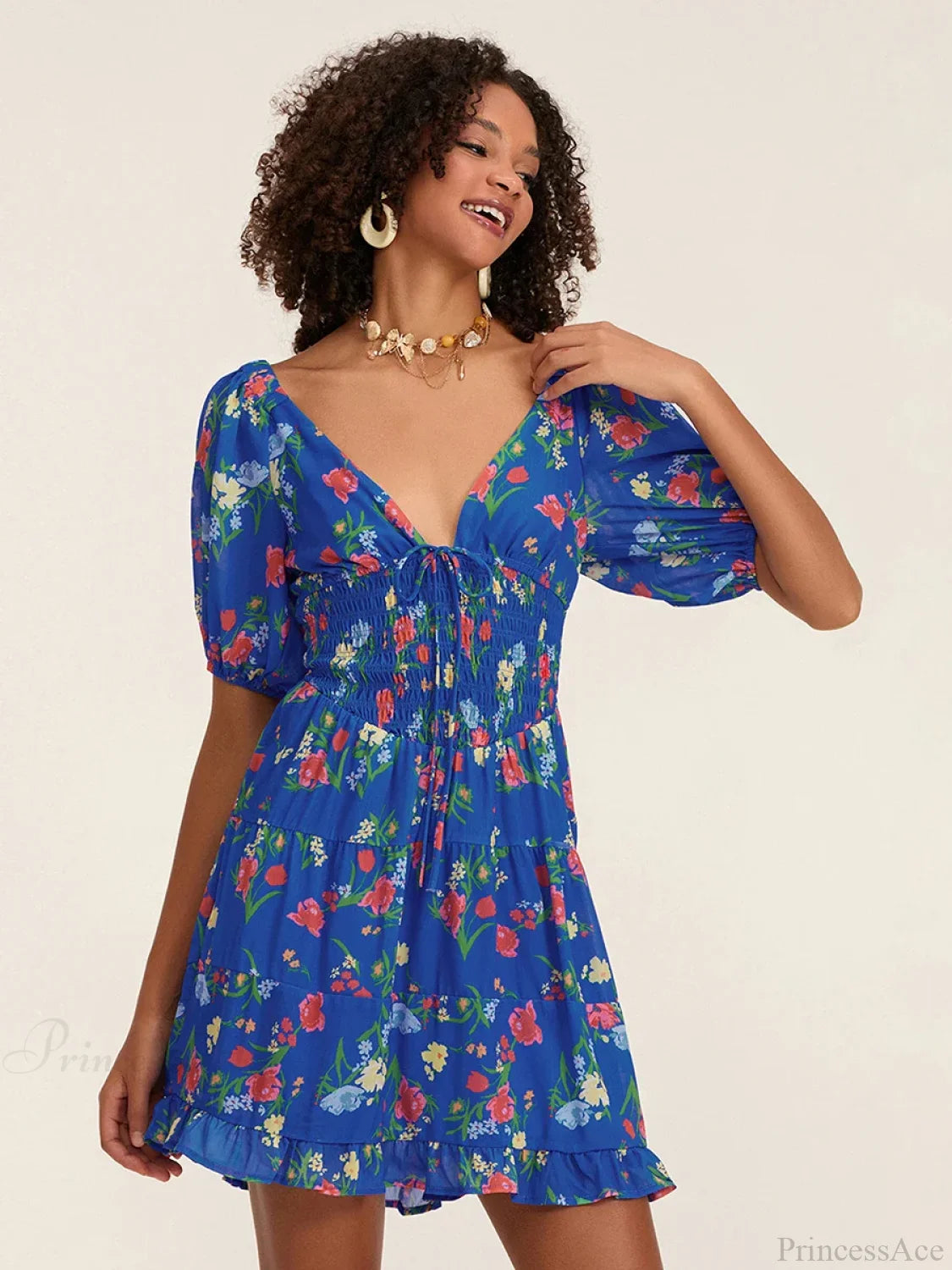 Floral A-Line Mini Puff Short Sleeve Tie-Up Front Flared Vacation Party Dress floraldress-250126