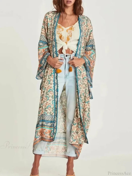 Floral Bat Sleeve Boho Kimono Dress bohodress-250126