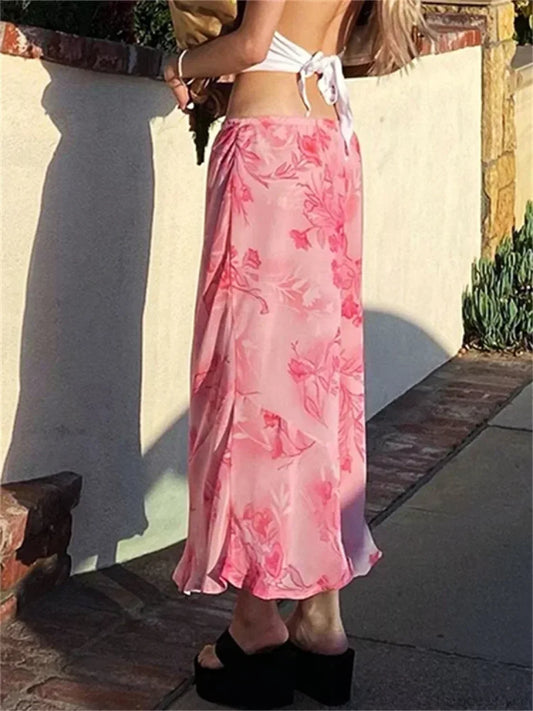 Floral Chiffon Low Waist Casual Retro Skirt Pink / S skirt-250126