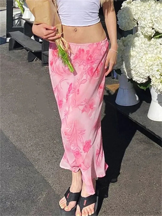 Floral Chiffon Low Waist Casual Retro Skirt Pink / S skirt-250126