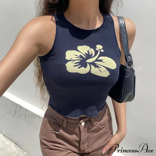 Floral Corset Vintage Sleeveless O Neck Crop Women Contrast Harajuku Cute Summer Sweats Tank Top