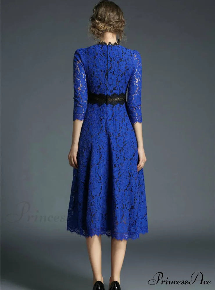 Floral Crochet Hollow Out Patchwork Lace Dress M / Blue Party Dresses-L