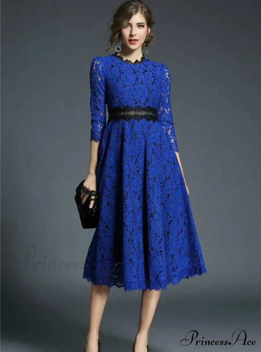Floral Crochet Hollow Out Patchwork Lace Dress S / Blue Party Dresses-L