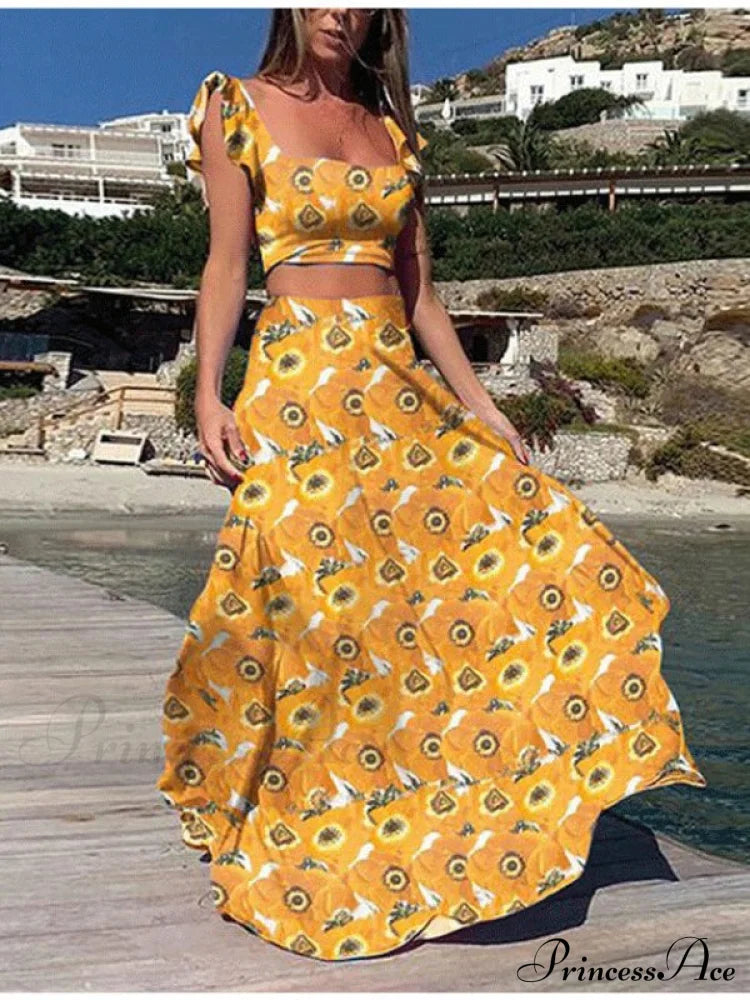 Floral Crop Top And High Waisted Long Skirt Set S / Blue & Red Two Piece Maxi Dress