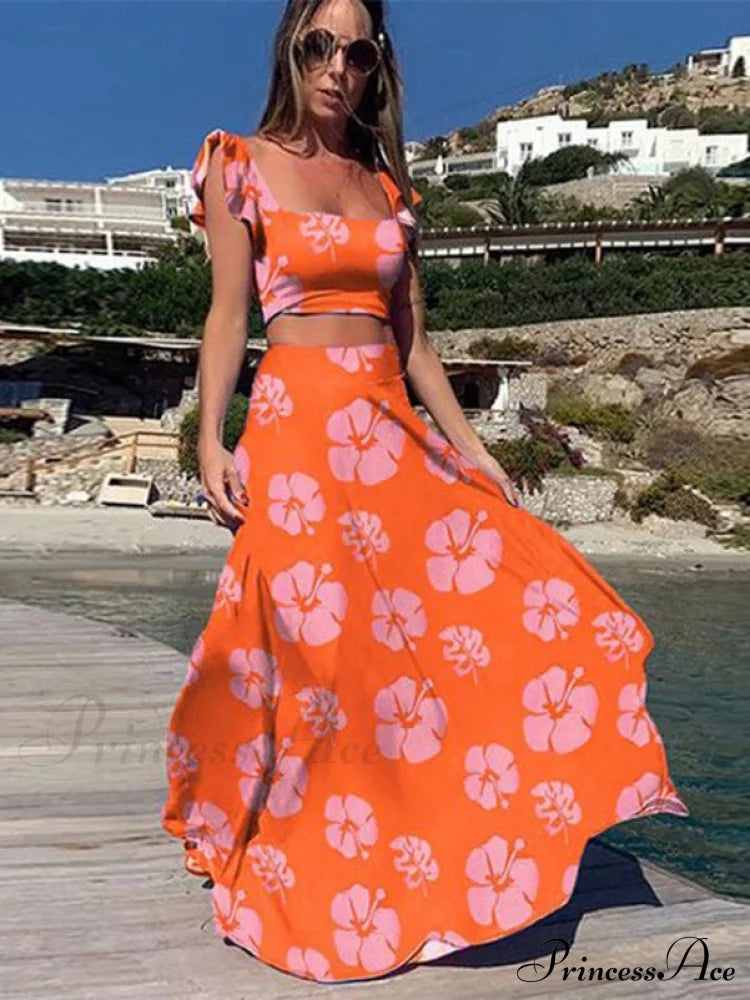 Floral Crop Top And High Waisted Long Skirt Set S / Yellow Two Piece Maxi Dress