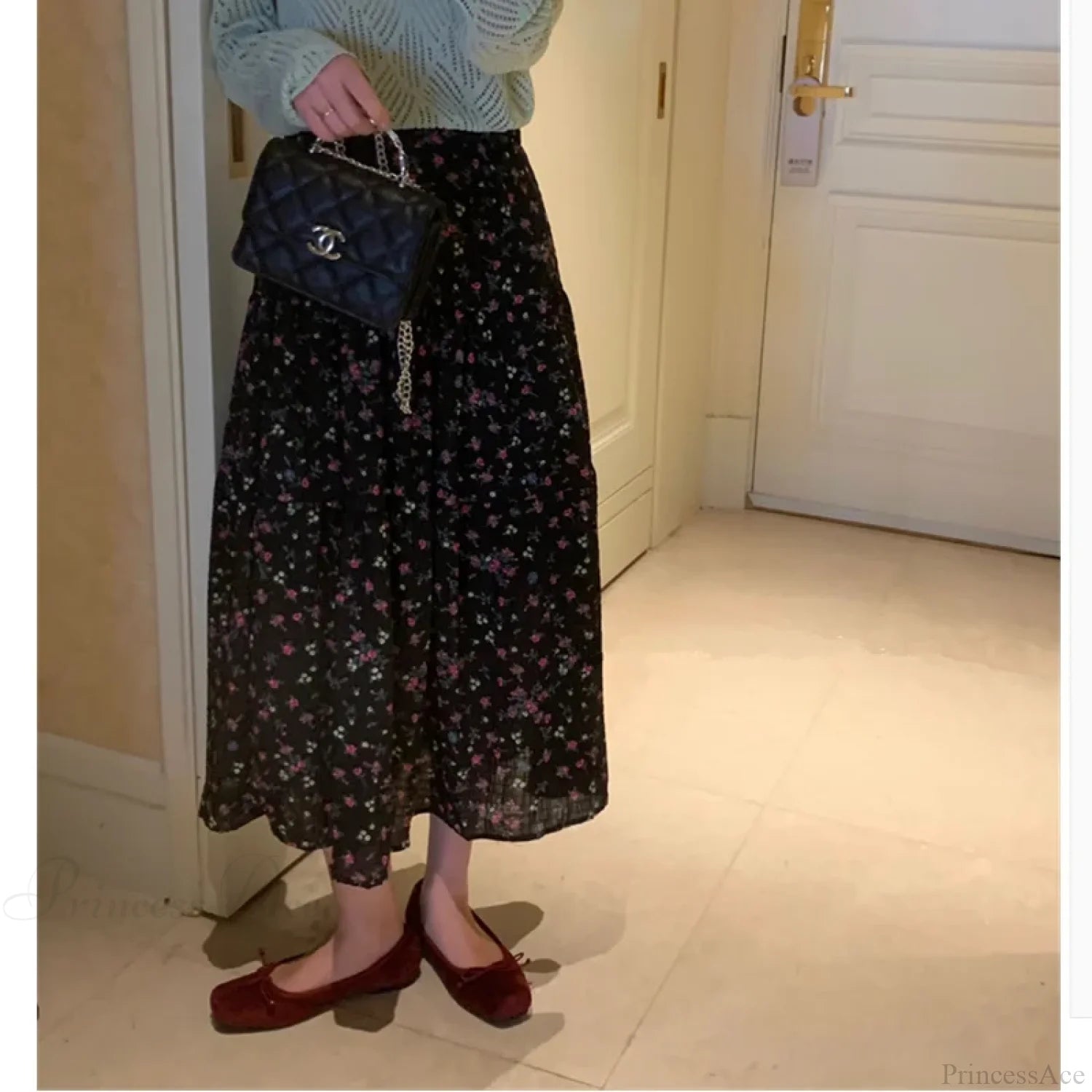 Floral Ditsy Print Elastic Waist Tiered Long Flared Skirt Black / One Size skirt-250126