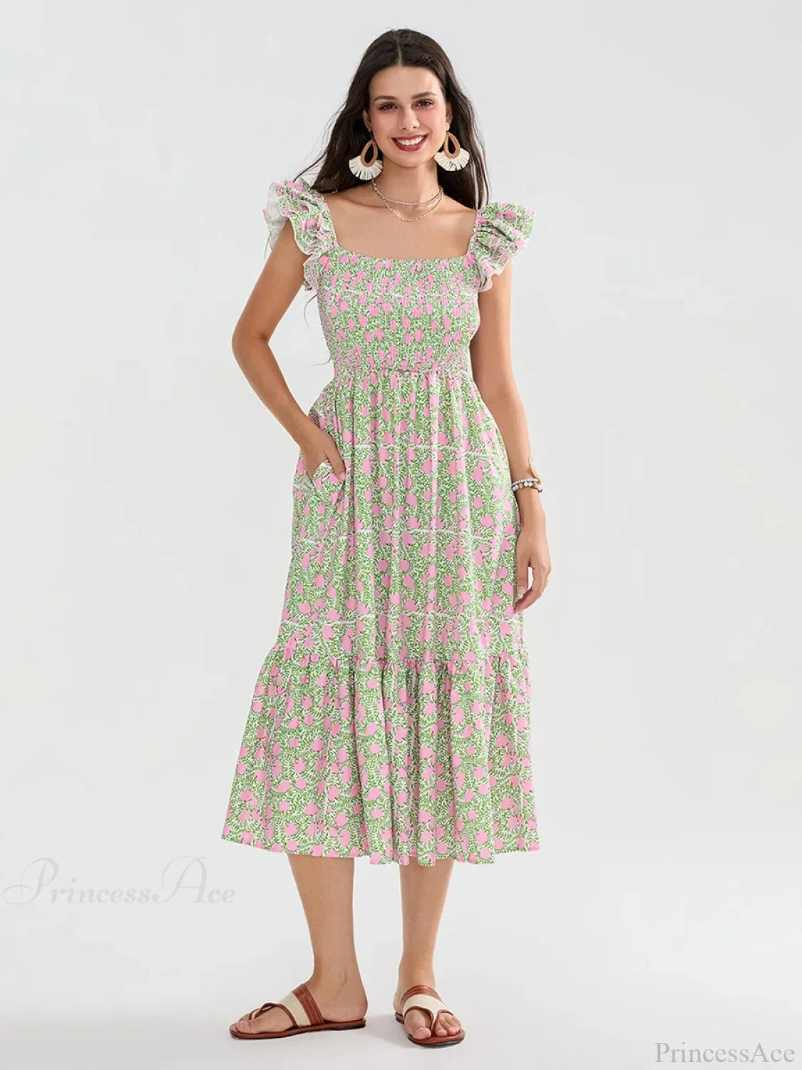 Floral Dot Print Shirred Square Neck Ruffled Flowing Beach Floral Dress floraldress-250126